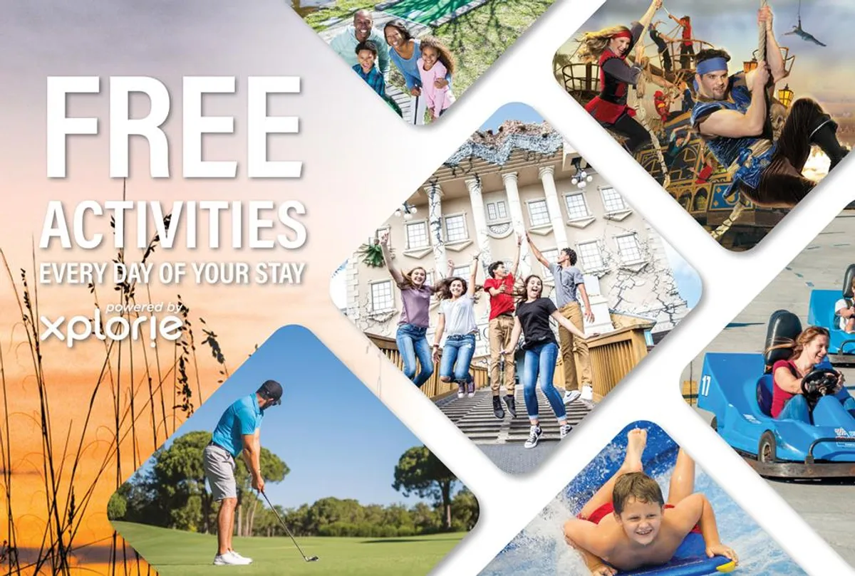 Families and groups enthusiastically enjoy a range of activities—mini-golf, water sports, and adventure attractions—set against playful, colorful backdrops. The image conveys joyful bonding and the excitement of local entertainment.