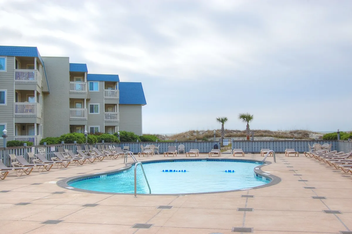 This exterior scene centers on a vibrant swimming pool surrounded by lounge chairs and palm trees, with the building facade visible in the background. The inviting setup suggests a lively, family-friendly environment ideal for group gatherings, poolside relaxation, and social activities.