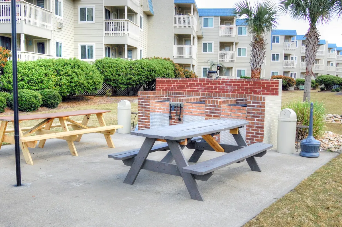 A tranquil outdoor area with picnic tables, a grill, lush greenery, and palm trees—ideal for relaxed gatherings, cookouts, or evening hangouts with friends under the Carolina sky.